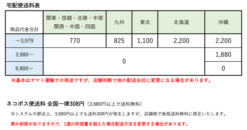 送料料金表
